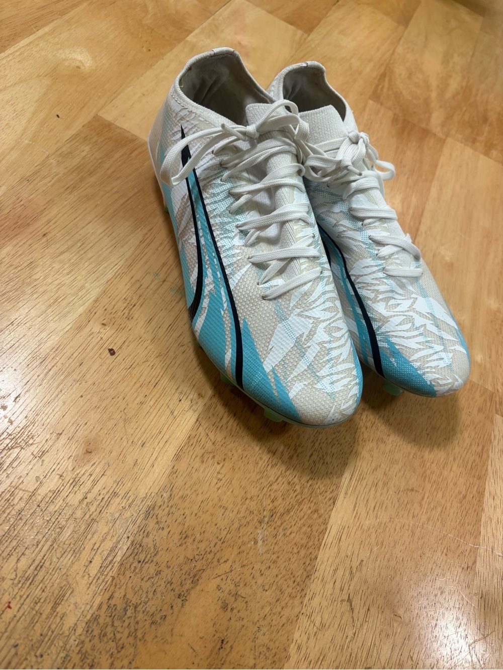 Puma White & Light Blue Soccer Cleats with Black Accents